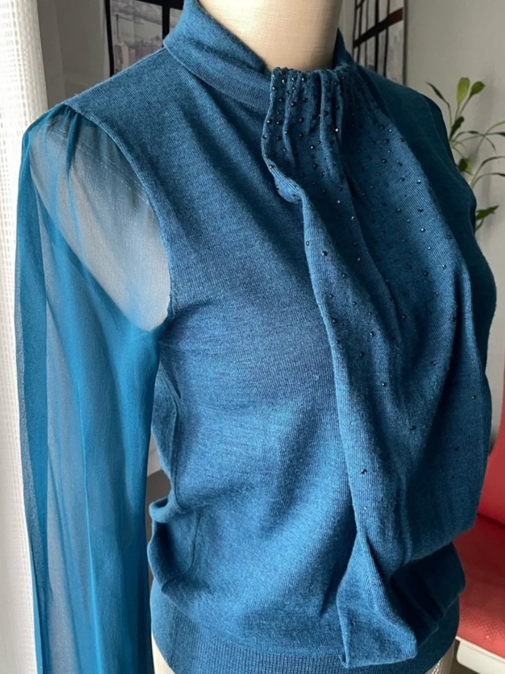 Tory Burch Abitha Wool Sweater with Silk Chiffon Sleeves & Beaded Pleat XS Teal